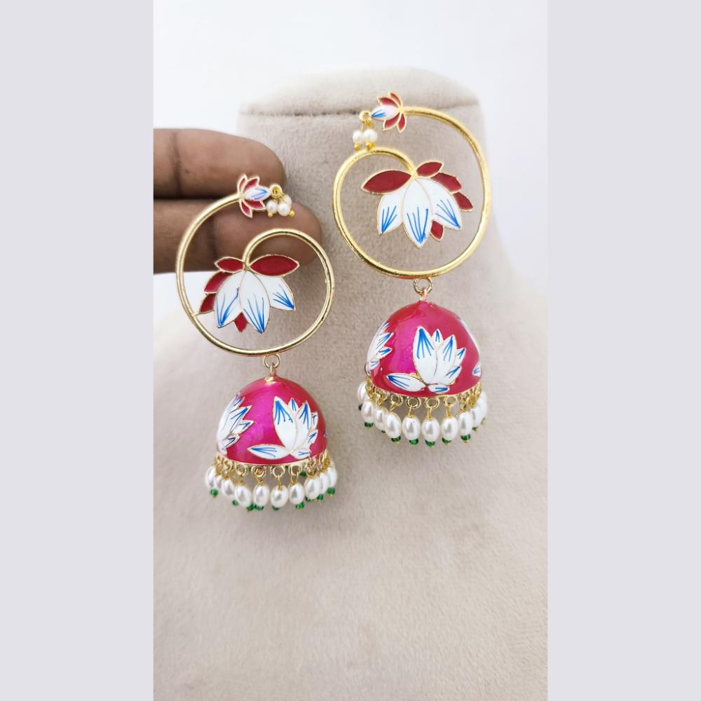 Marudhar Creations Royal Gold Matte Finish Pearl Meenakari Jhumki Earrings
