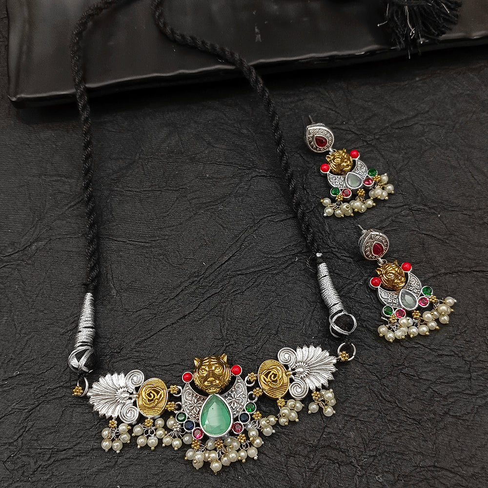 Deep Jewell 2 Tone Plated Crystal And Pearl Choker Necklace Set