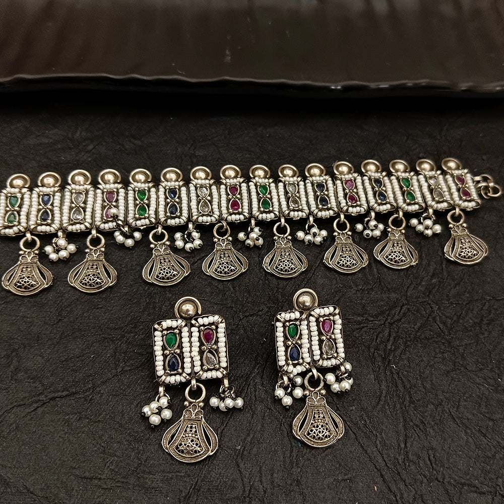 Deep Jewell Oxidised Plated Pearl Choker Necklace Set
