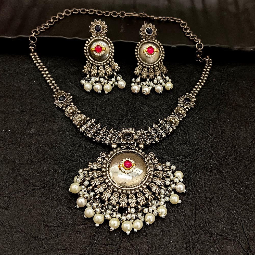 Deep Jewell Oxidised Plated Kundan And Pearl Necklace Set