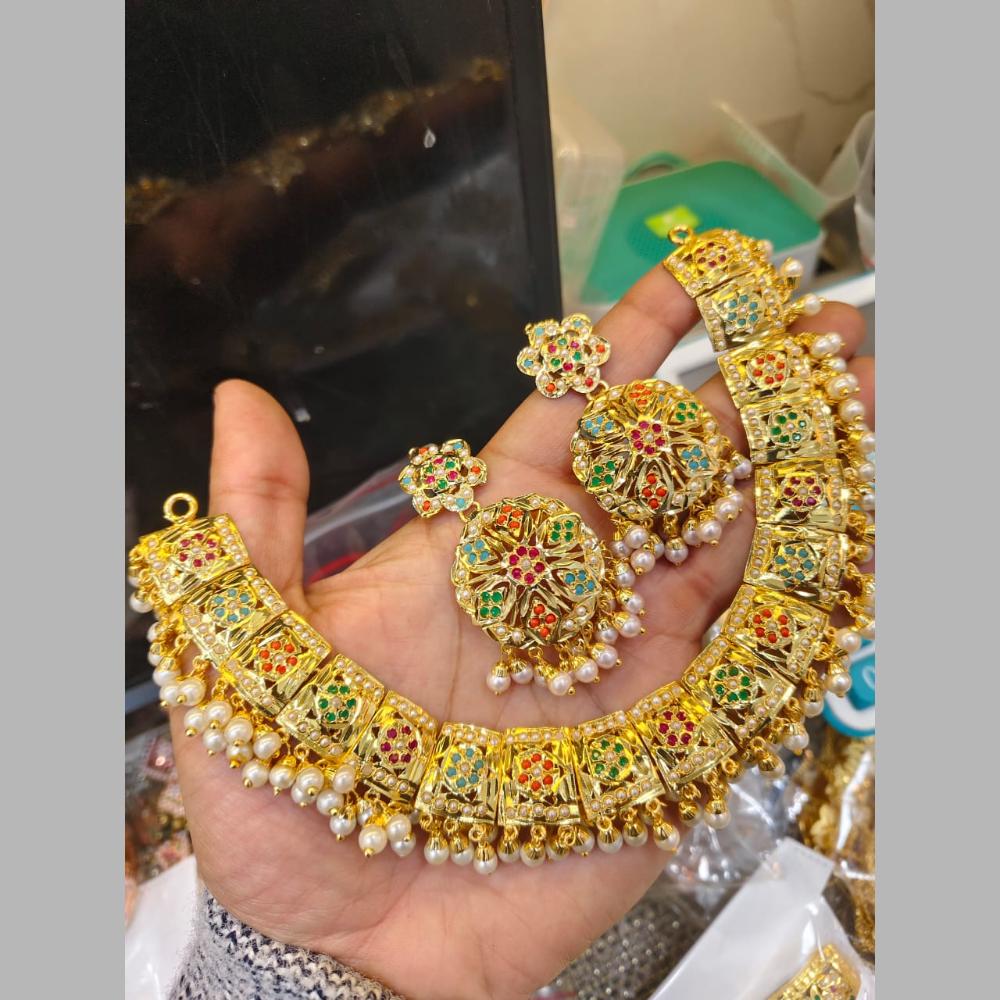 Everlasting Jadau Gold Plated Pota Stone Pearl Necklace Set