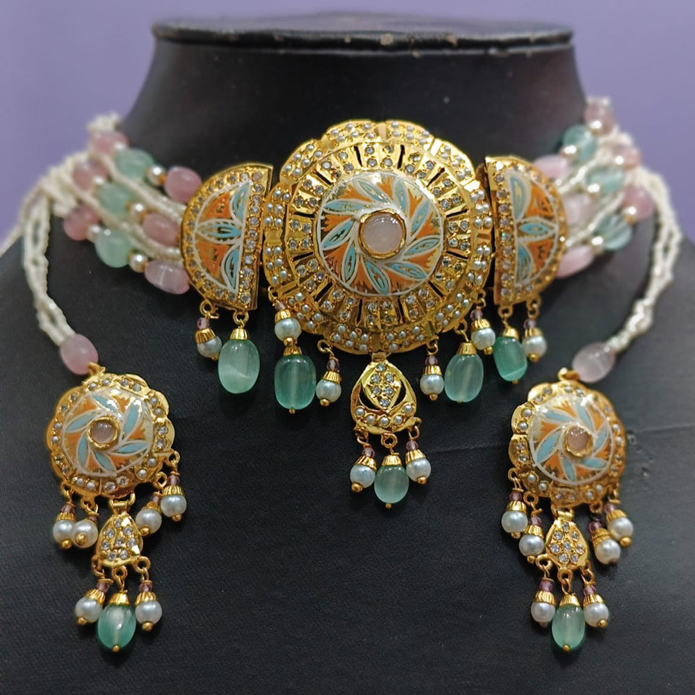 Everlasting Jadau Traditional Meenakari Choker Necklace Set with Statement Centerpiece
