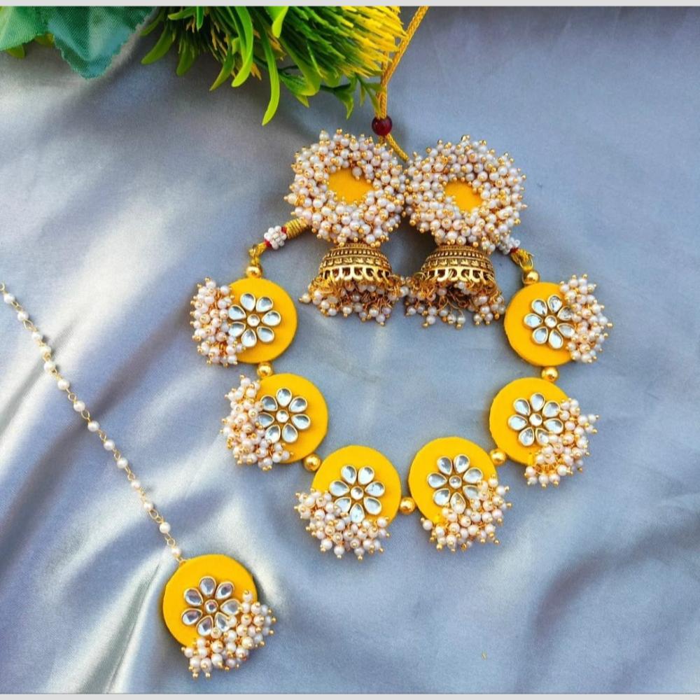 Handmade For Her Handmade Yellow Floral Jewelry Set for Women – Pearl & Kundan Gota Patti Necklace, Earrings, and Maang Tikka for Haldi & Festive Wear