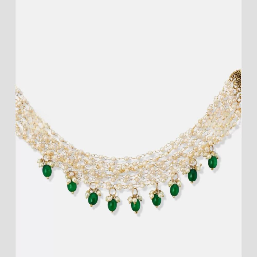 Handmade For Her Handmade Pearl Beaded Choker Necklace with Green Beads | Traditional Bridal Jewelry for Women