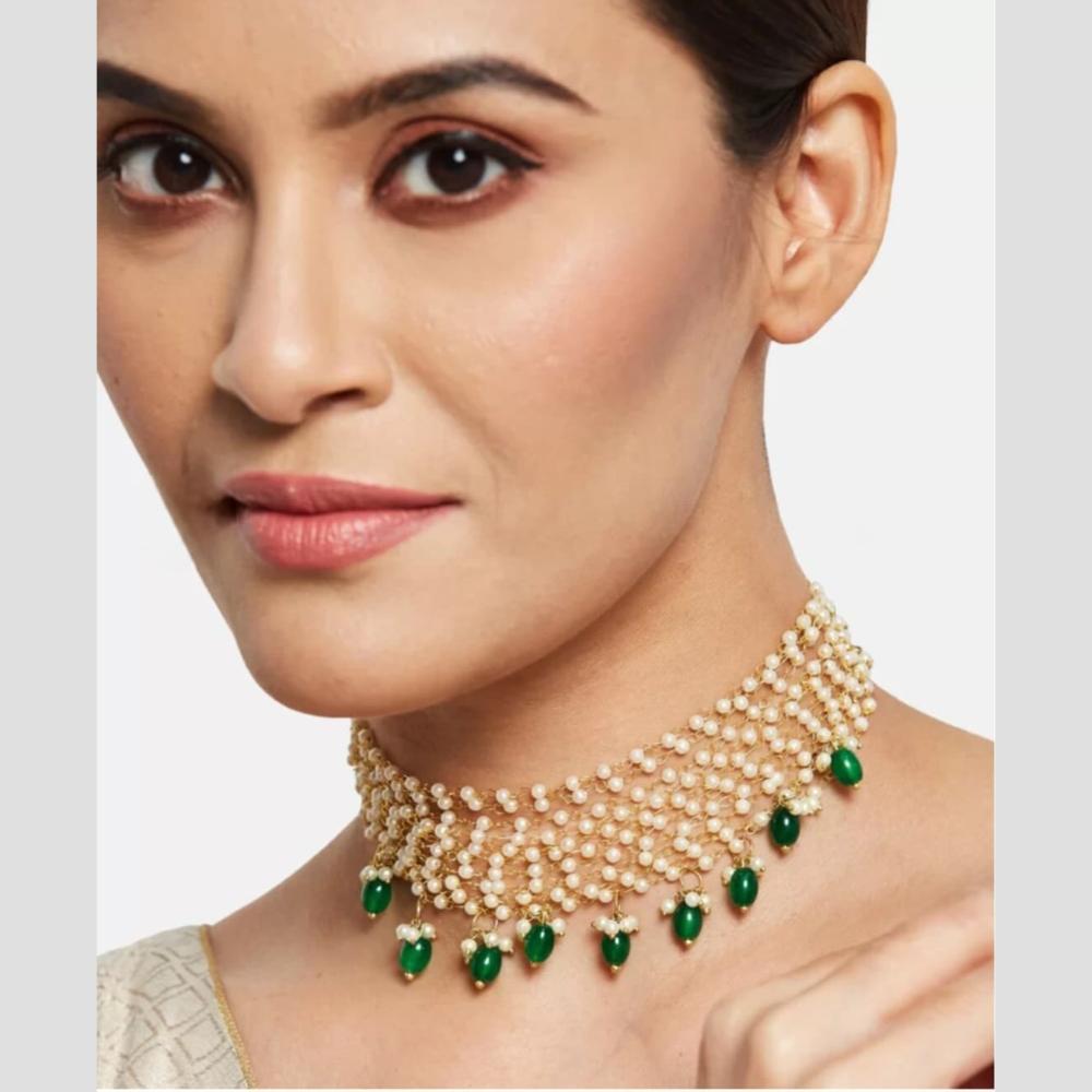Handmade For Her Handmade Pearl Beaded Choker Necklace with Green Beads | Traditional Bridal Jewelry for Women