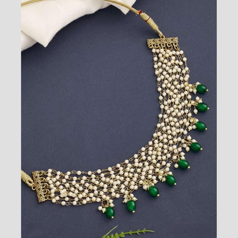 Handmade For Her Handmade Pearl Beaded Choker Necklace with Green Beads | Traditional Bridal Jewelry for Women