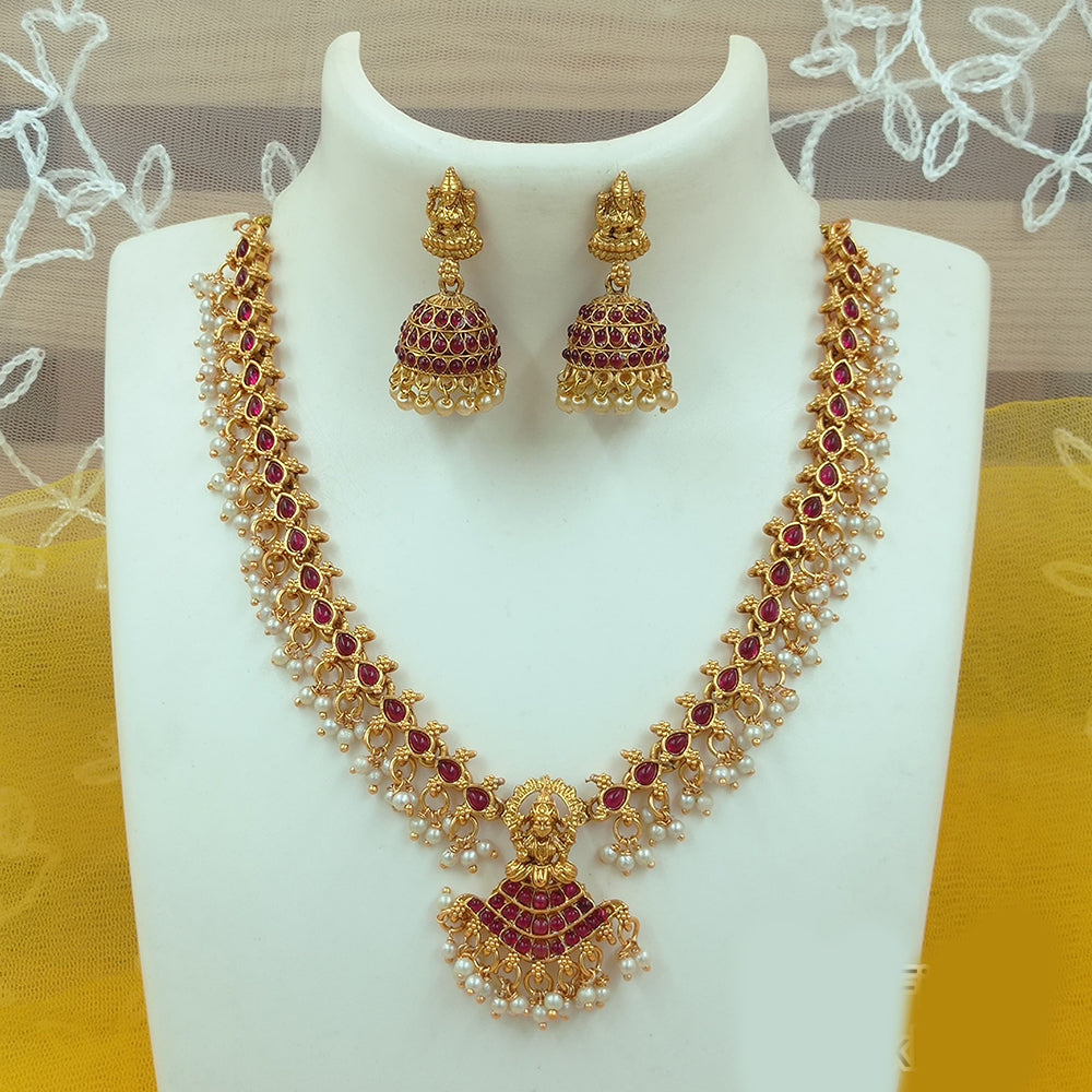 Joyful Jewel Art Matte Gold Plated Pota Stone Temple Necklace Set