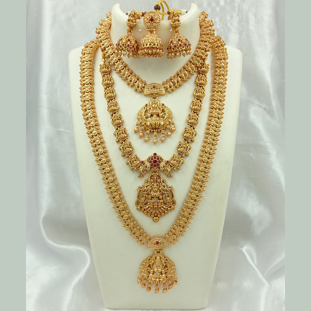 Joyful Jewel Art Matte Gold Plated Pota Stone Long Temple Necklace Combo