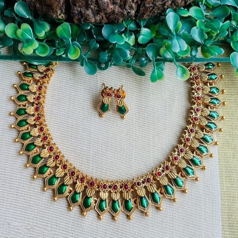 Joyful Jewel Art Matte Gold Plated Pota Stone And Meenakari Necklace Set