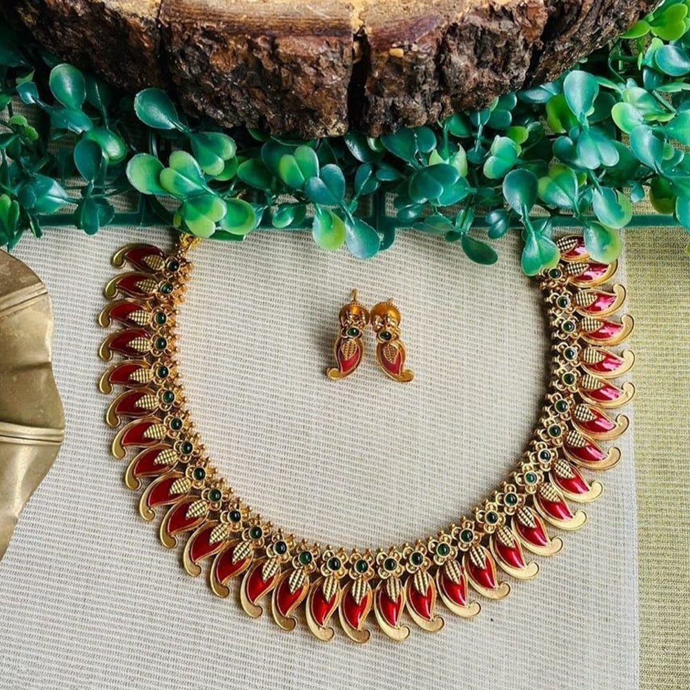 Joyful Jewel Art Matte Gold Plated Pota Stone And Meenakari Necklace Set