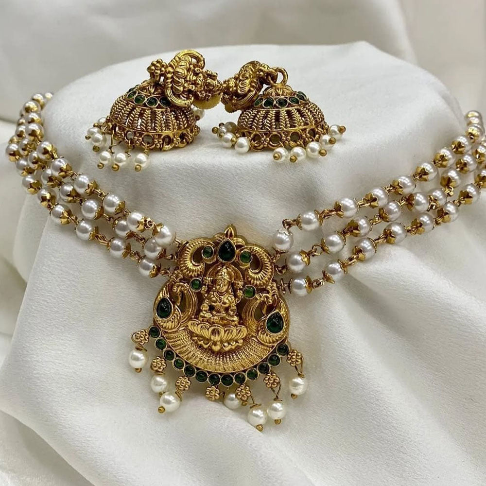 Joyful Jewel Art Matte Gold Plated Pota Stone Temple Choker Necklace Set