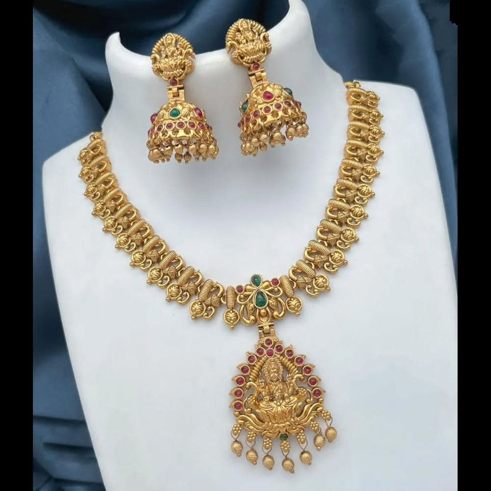 Joyful Jewel Art Matte Gold Plated Pota Stone And Temple Necklace Set