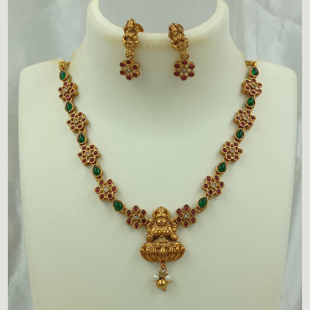 Joyful Jewel Art Matte Gold Plated Pota Stone And Pearls Temple Necklace Set