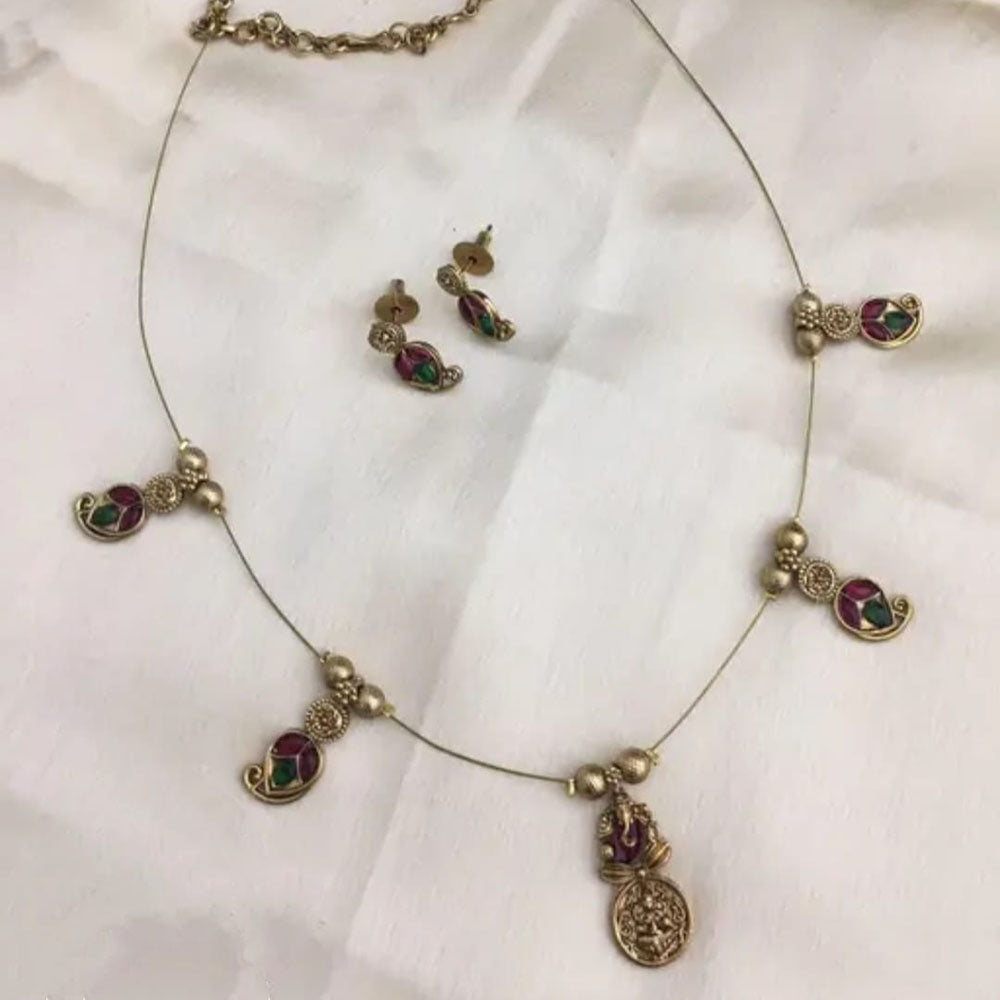 Joyful Jewel Art Matte Gold Plated Pota Stone Lord Ganesha Temple Necklace Set