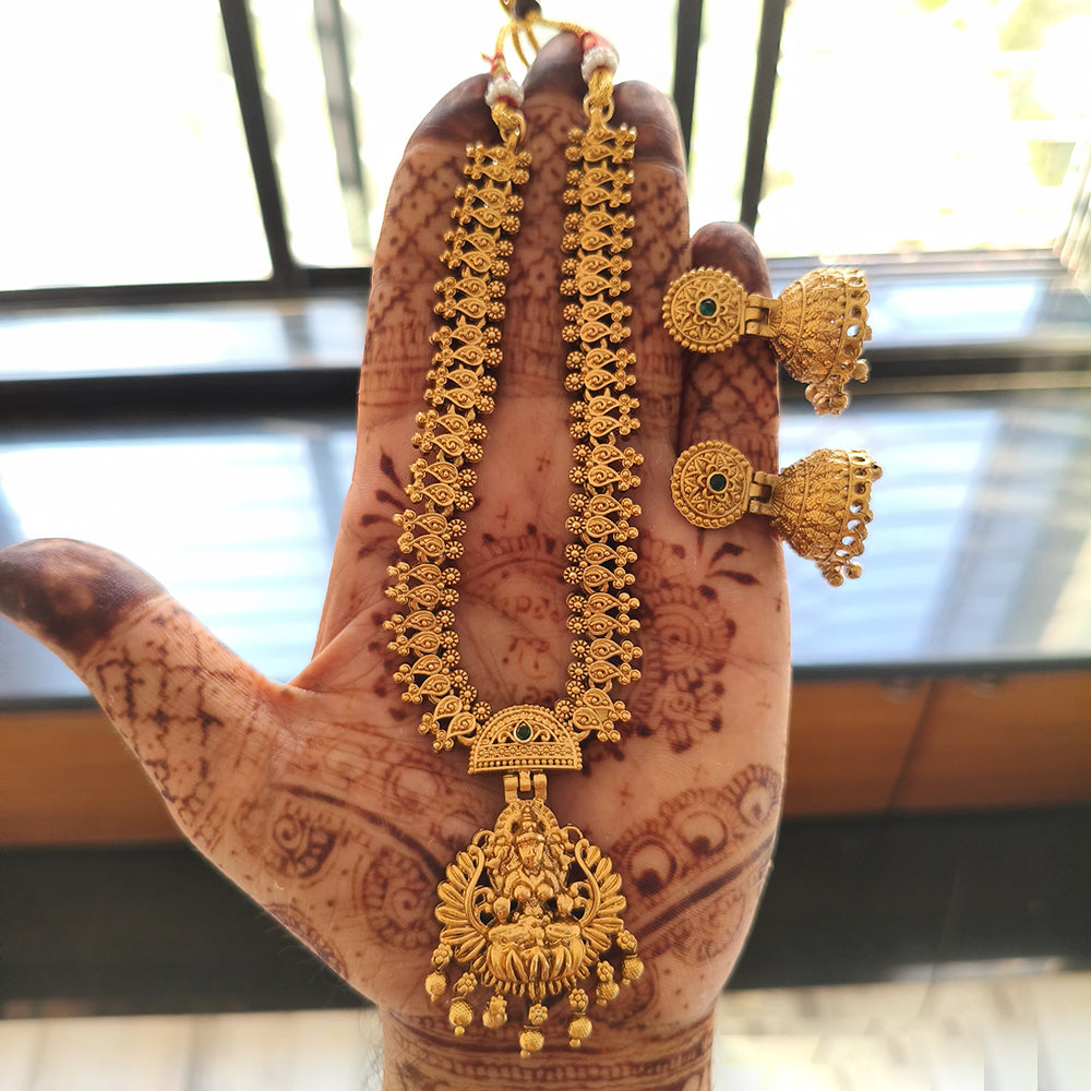 Joyful Jewel Art Matte Gold Plated Pota Stone Temple Necklace Set