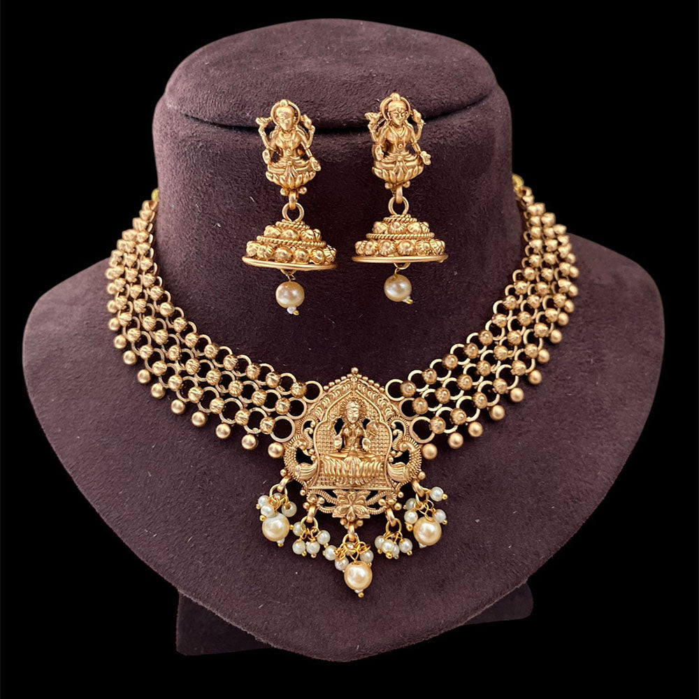 Joyful Jewel Art Matte Gold Plated Pearls Temple Necklace Set
