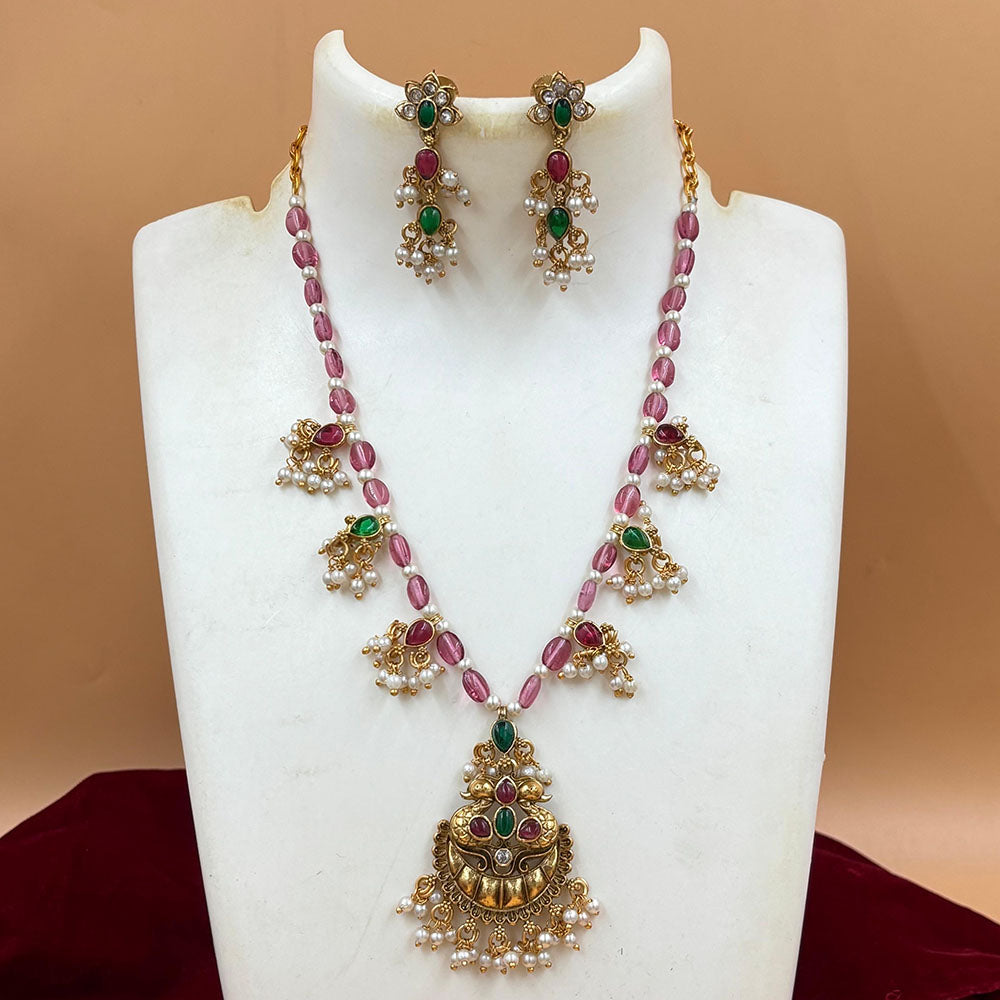 Joyful Jewel Art Matte Gold Plated Pota Stone And Pearls Necklace Set