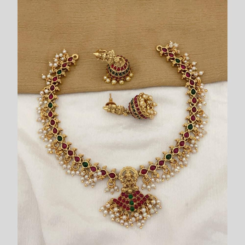 Joyful Jewel Art Matte Gold Plated Pota Stone And Pearls Temple Necklace Set