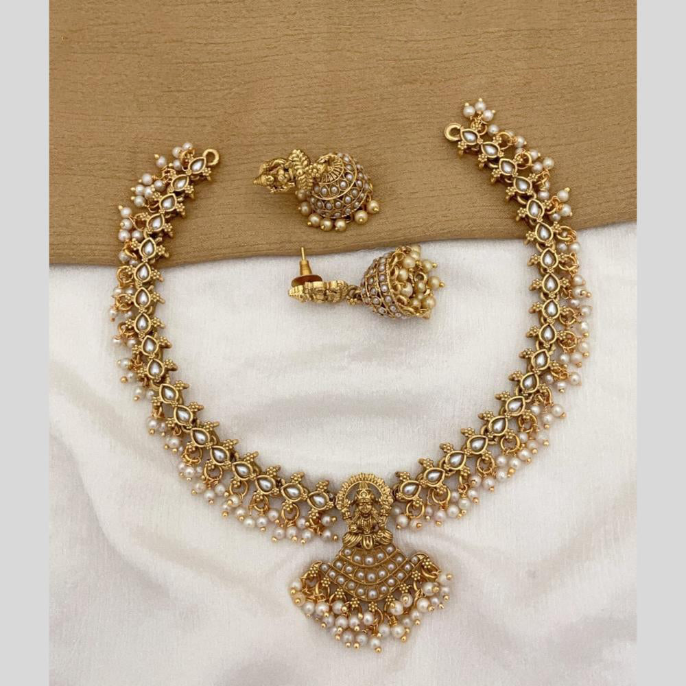 Joyful Jewel Art Matte Gold Plated Pota Stone And Pearls Temple Necklace Set