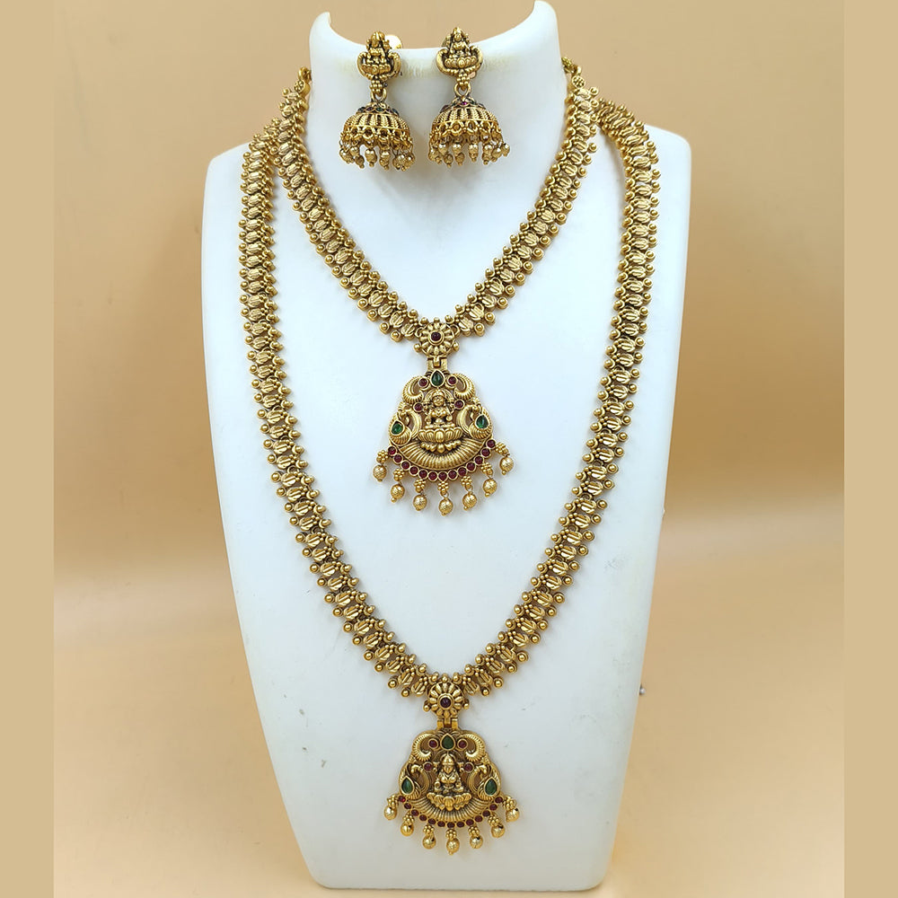 Joyful Jewel Art Matte Gold Plated Pota Stone And Pearls TempleDouble Necklace Set