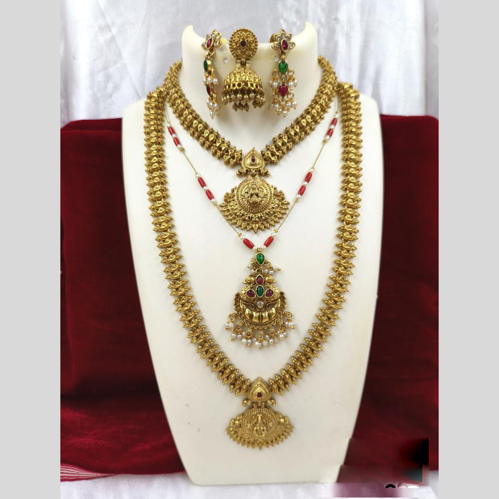 Joyful Jewel Art Matte Gold Plated Pota Stone And Pearls Temple Combo Necklace Set