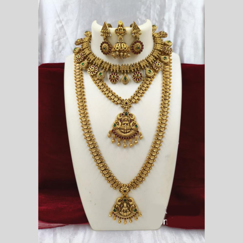 Joyful Jewel Art Matte Gold Plated Pota Stone And Pearls Temple Combo Necklace Set