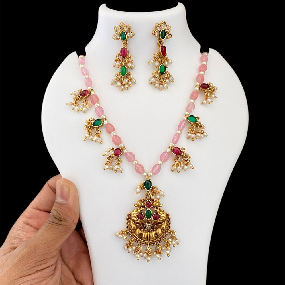 Joyful Jewel Art Matte Gold Plated Pota Stone And Beads Necklace Set