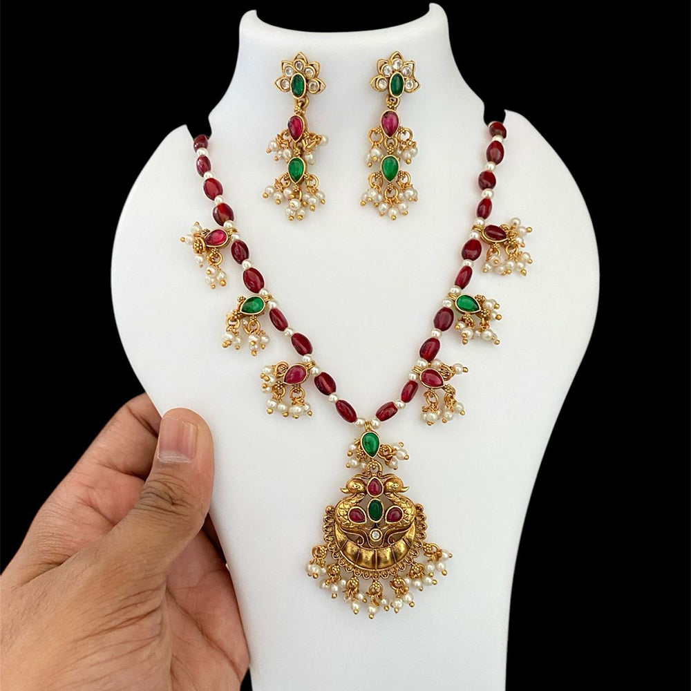 Joyful Jewel Art Matte Gold Plated Pota Stone And Beads Necklace Set
