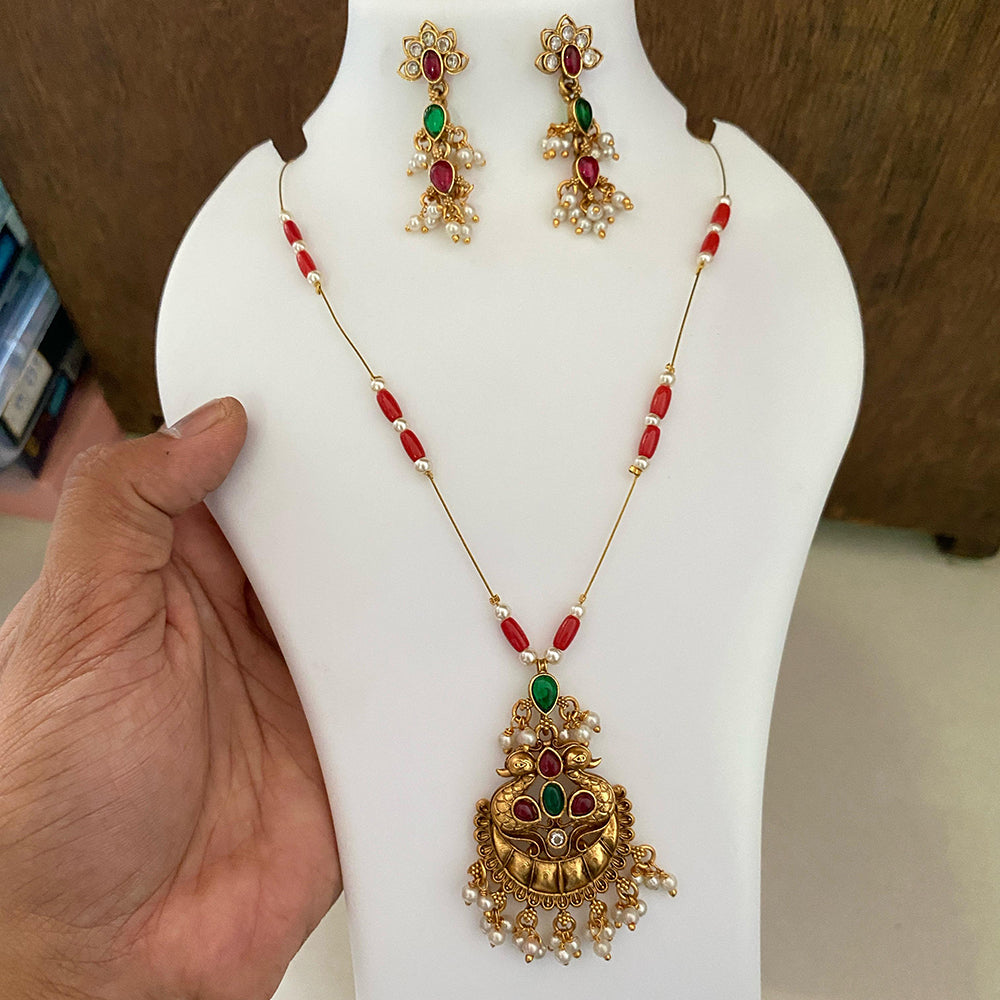 Joyful Jewel Art Matte Gold Plated Pota Stone And Beads Necklace Set