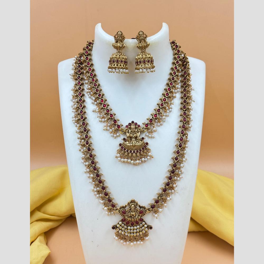Joyful Jewel Art Matte Gold Plated Pota Stone And Pearl Temple Double Necklace Set