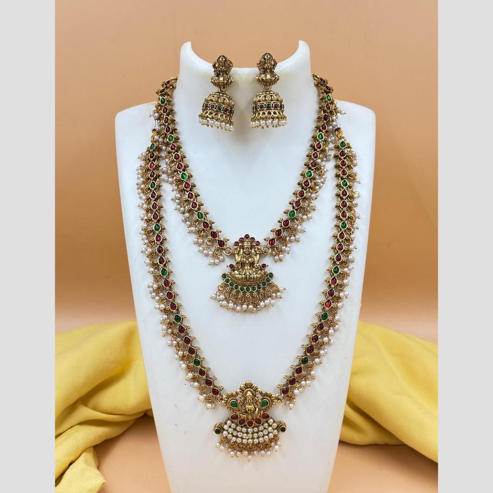 Joyful Jewel Art Matte Gold Plated Pota Stone And Pearl Temple Double Necklace Set
