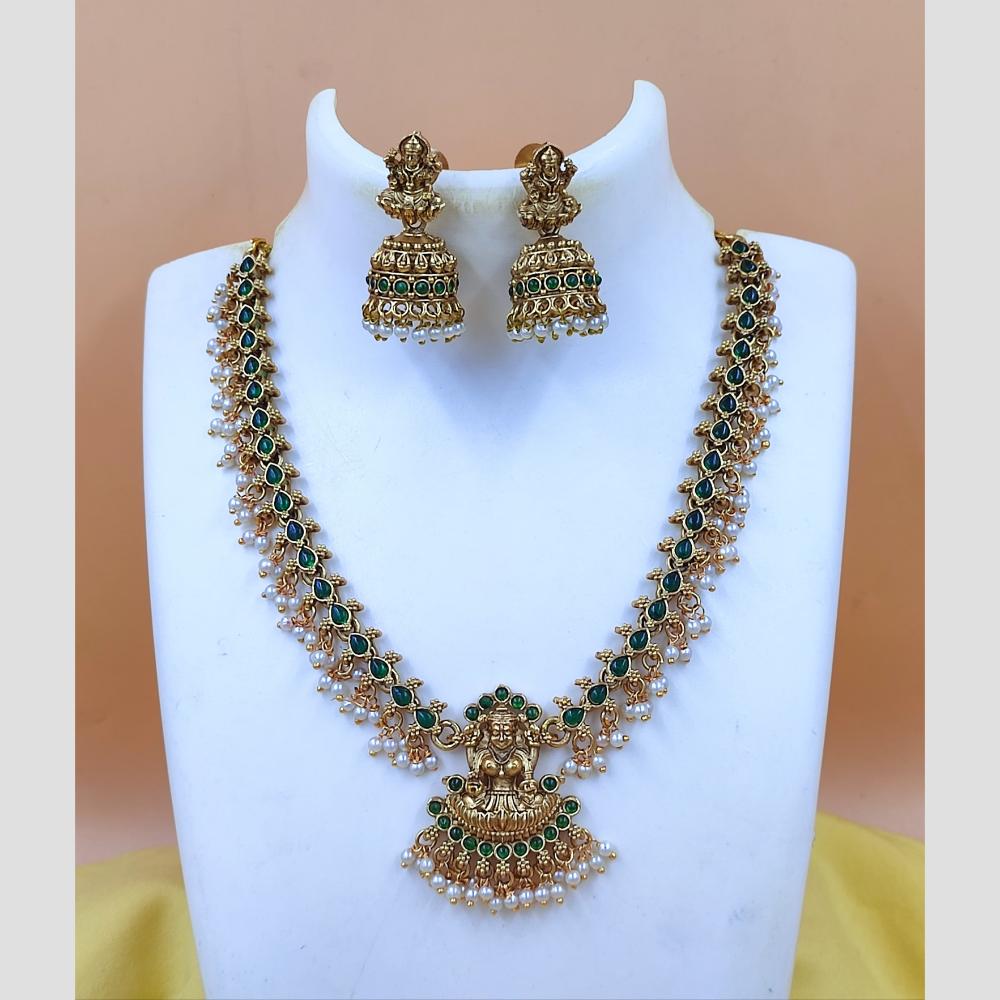 Joyful Jewel Art Matte Gold Plated Pota Stone And Pearl Temple Necklace Set