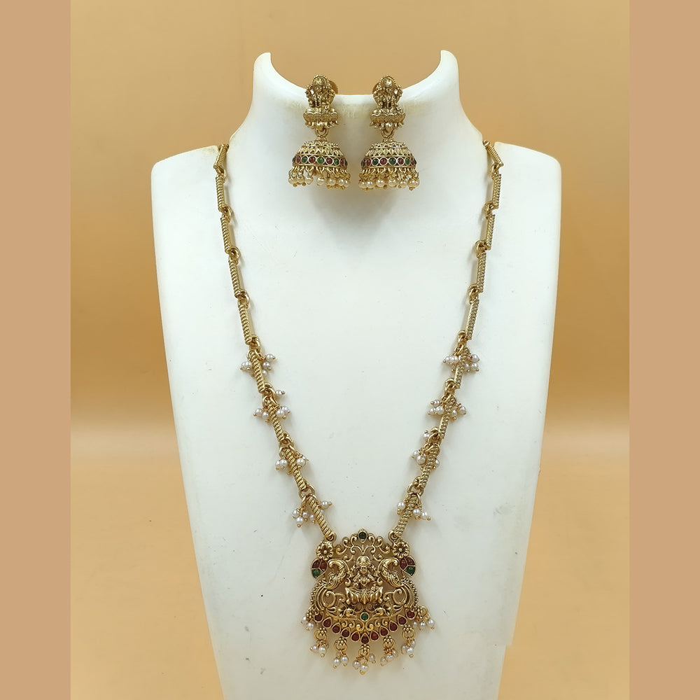 Joyful Jewel Art Matte Gold Plated Pota Stone And Pearls Temple Necklace Set