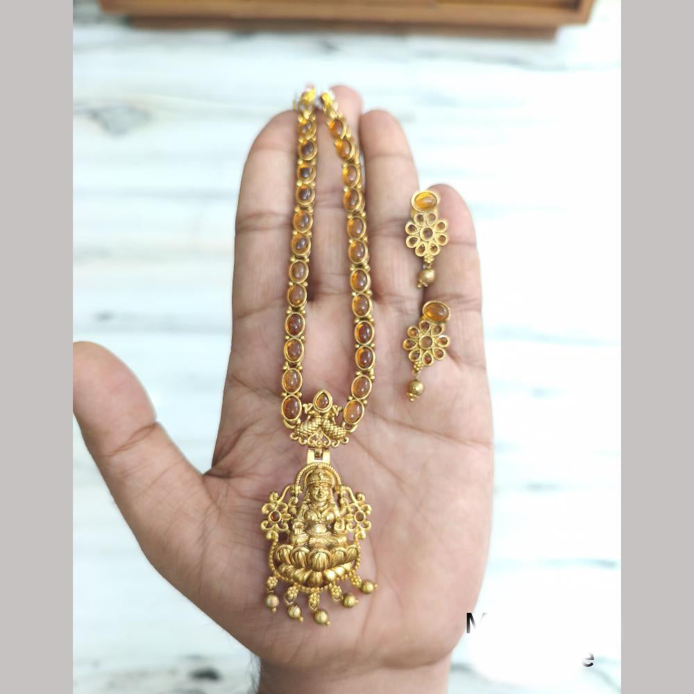Joyful Jewel Art Matte Gold Plated Pota Stone And Temple Necklace Set
