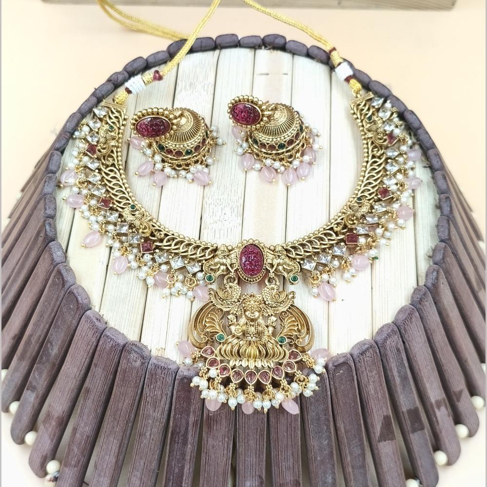 Joyful Jewel Art Matte Gold Plated Pota Stone And Temple Necklace Set