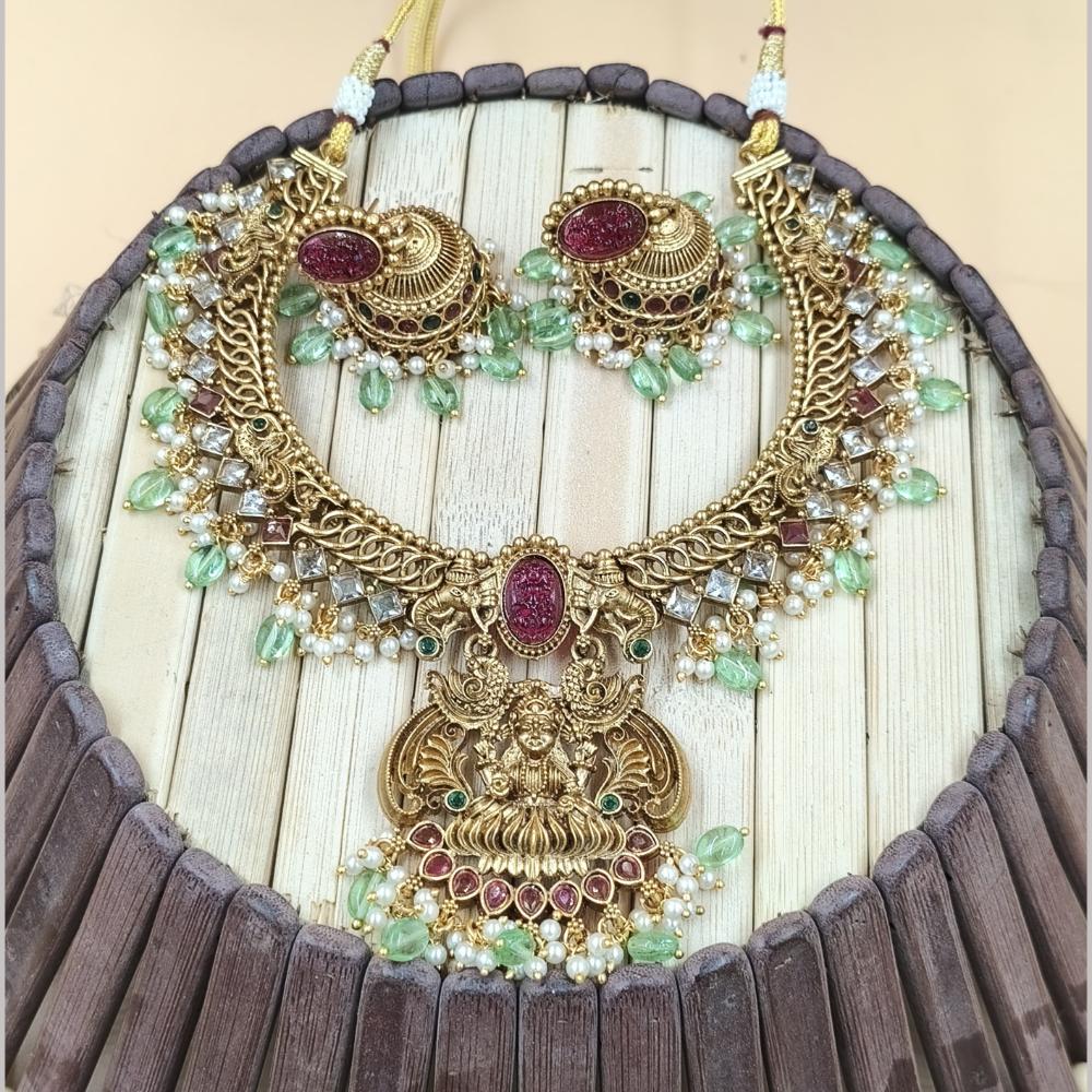 Joyful Jewel Art Matte Gold Plated Pota Stone And Temple Necklace Set