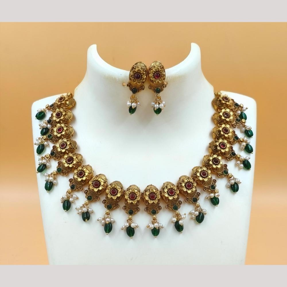 Joyful Jewel Art Matte Gold Plated Pota Stone And Beads Necklace Set
