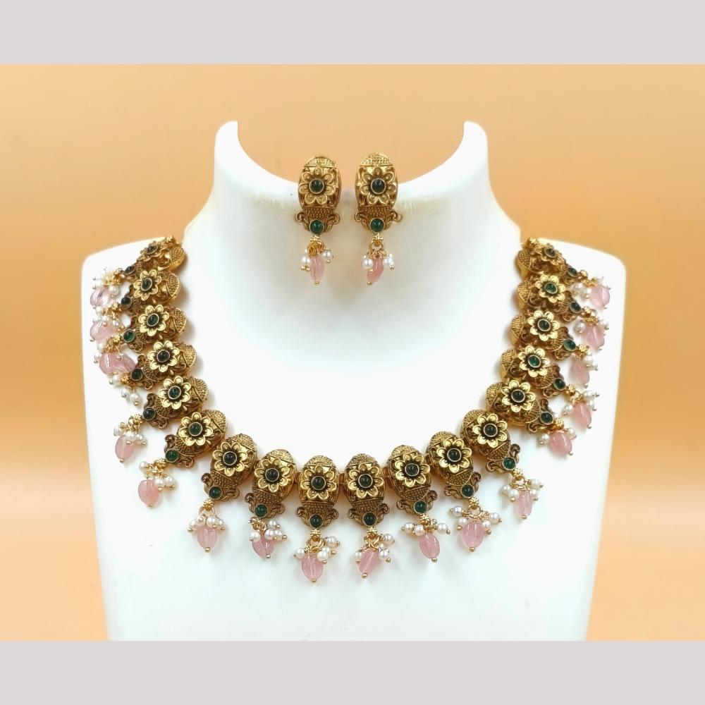 Joyful Jewel Art Matte Gold Plated Pota Stone And Beads Necklace Set