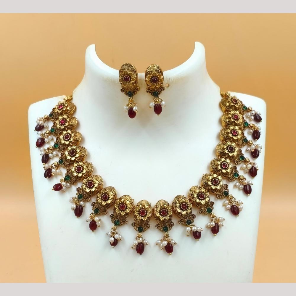Joyful Jewel Art Matte Gold Plated Pota Stone And Beads Necklace Set