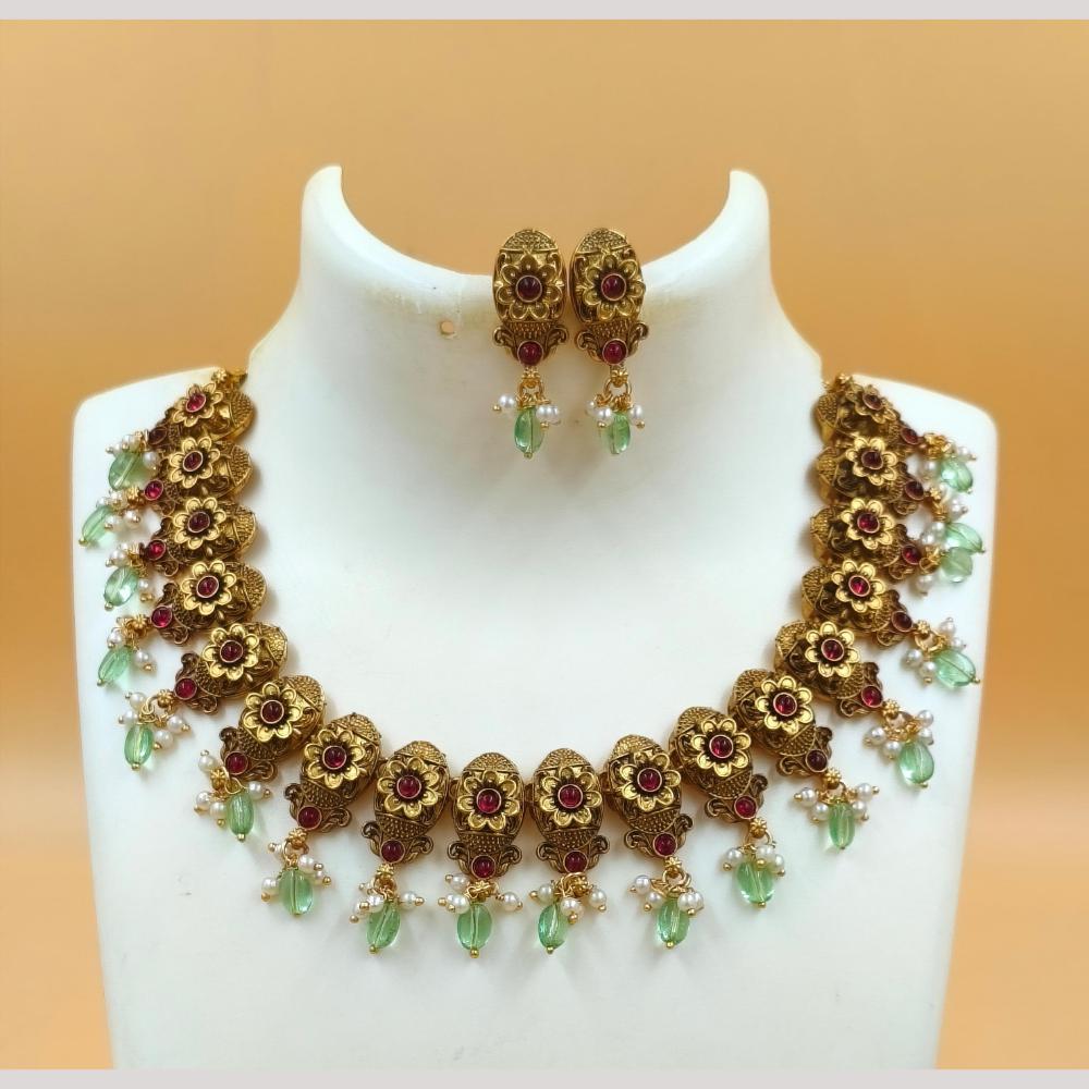 Joyful Jewel Art Matte Gold Plated Pota Stone And Beads Necklace Set