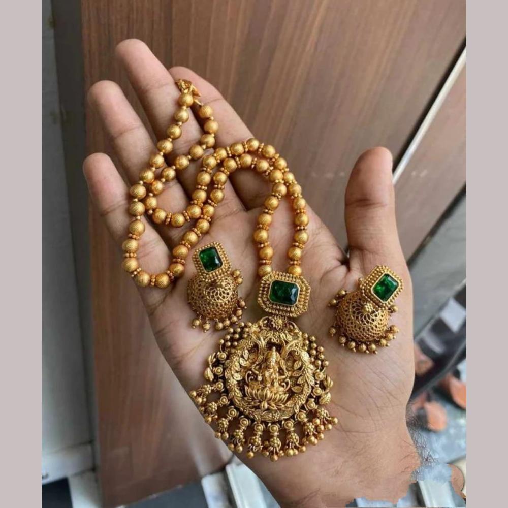 Joyful Jewel Art Matte Gold Plated Pota Stone Temple Necklace Set