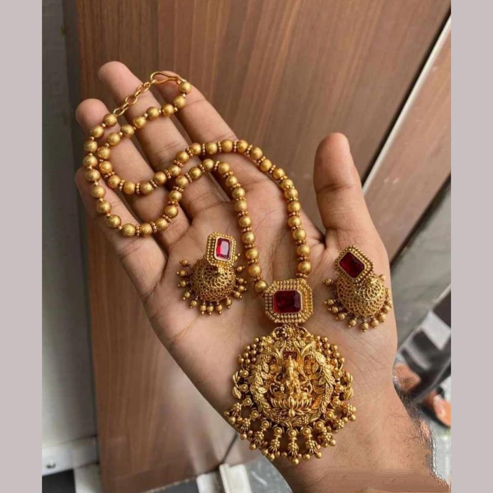 Joyful Jewel Art Matte Gold Plated Pota Stone Temple Necklace Set