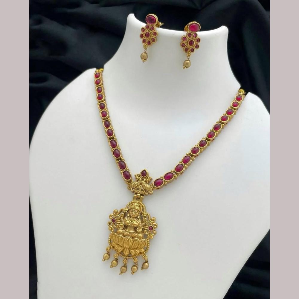 Joyful Jewel Art Matte Gold Plated Pota Stone Temple Necklace Set