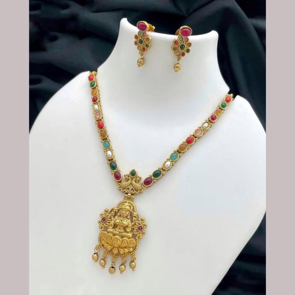 Joyful Jewel Art Matte Gold Plated Pota Stone Temple Necklace Set
