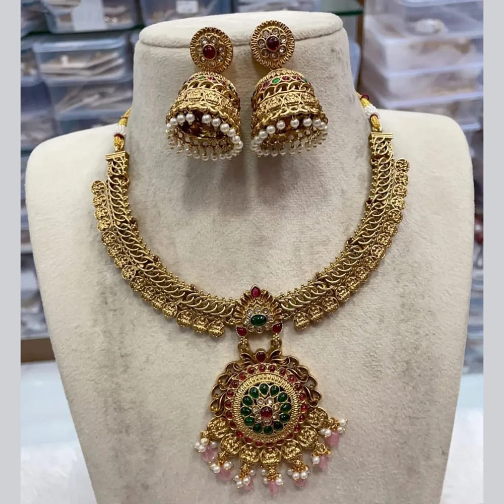 Joyful Jewel Art Matte Gold Plated Pota Stone And Pearl Necklace Set