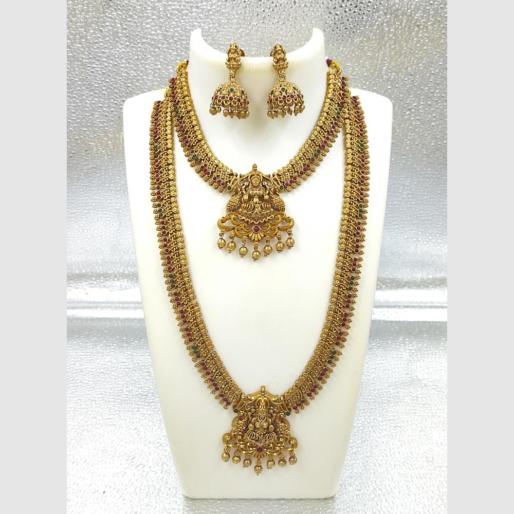 Joyful Jewel Art Matte Gold Plated Pota Stone And Pearl Temple Double Necklace Set
