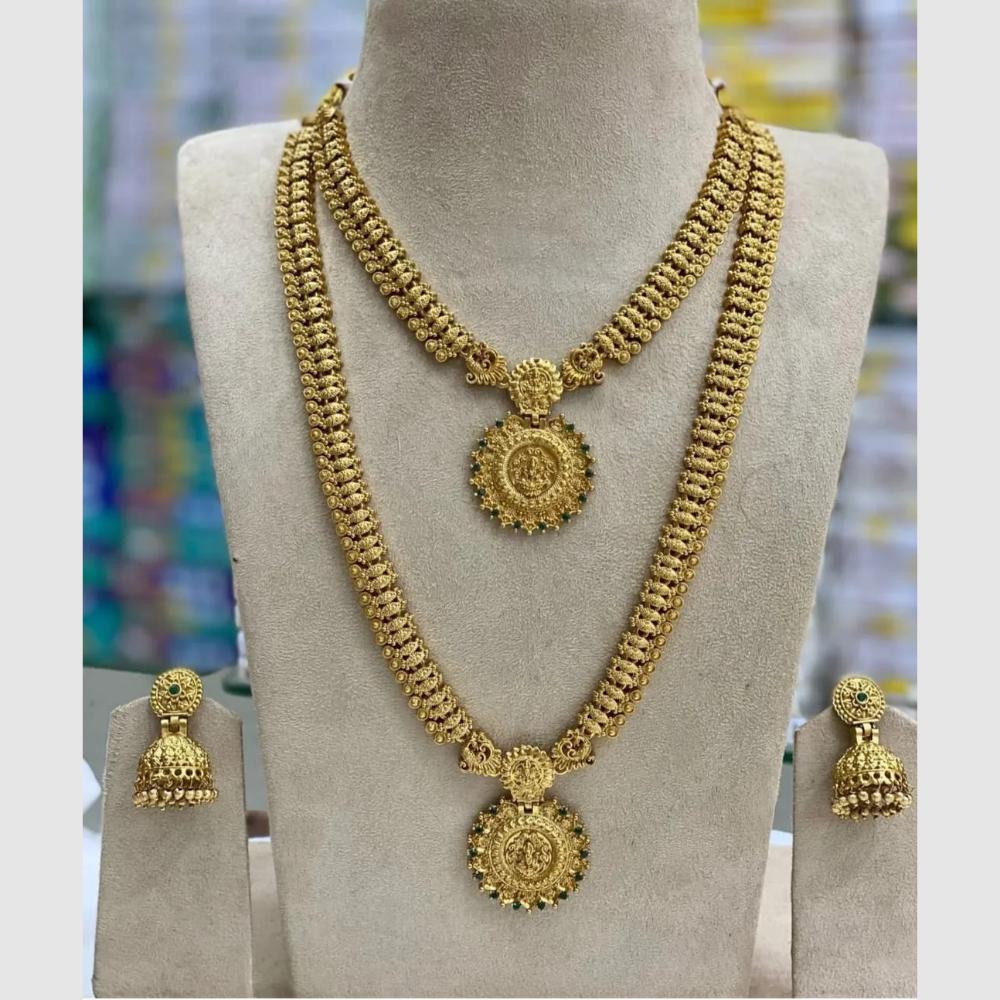 Joyful Jewel Art Matte Gold Plated Pota Stone And Pearl Temple Double Necklace Set