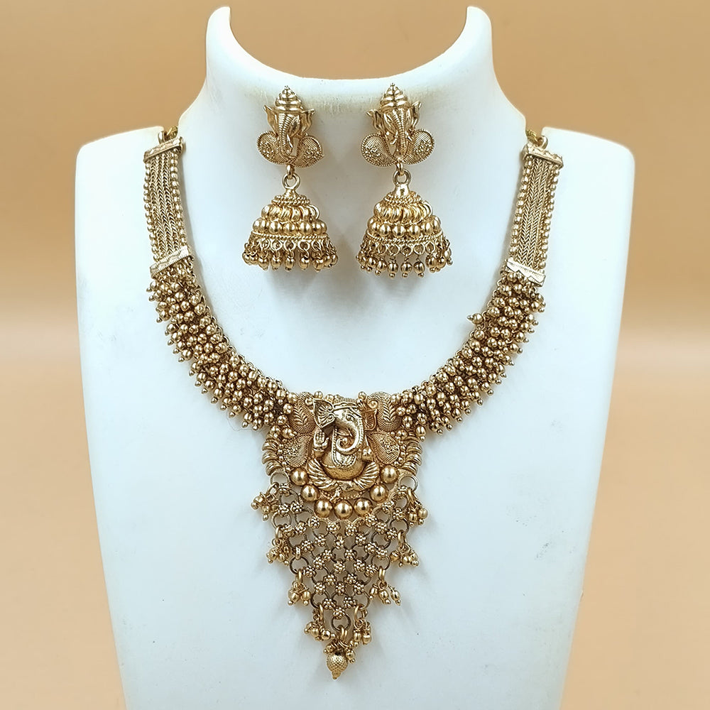 Joyful Jewel Art Matte Gold Plated Pota Stone Lord Ganesha Temple Necklace Set