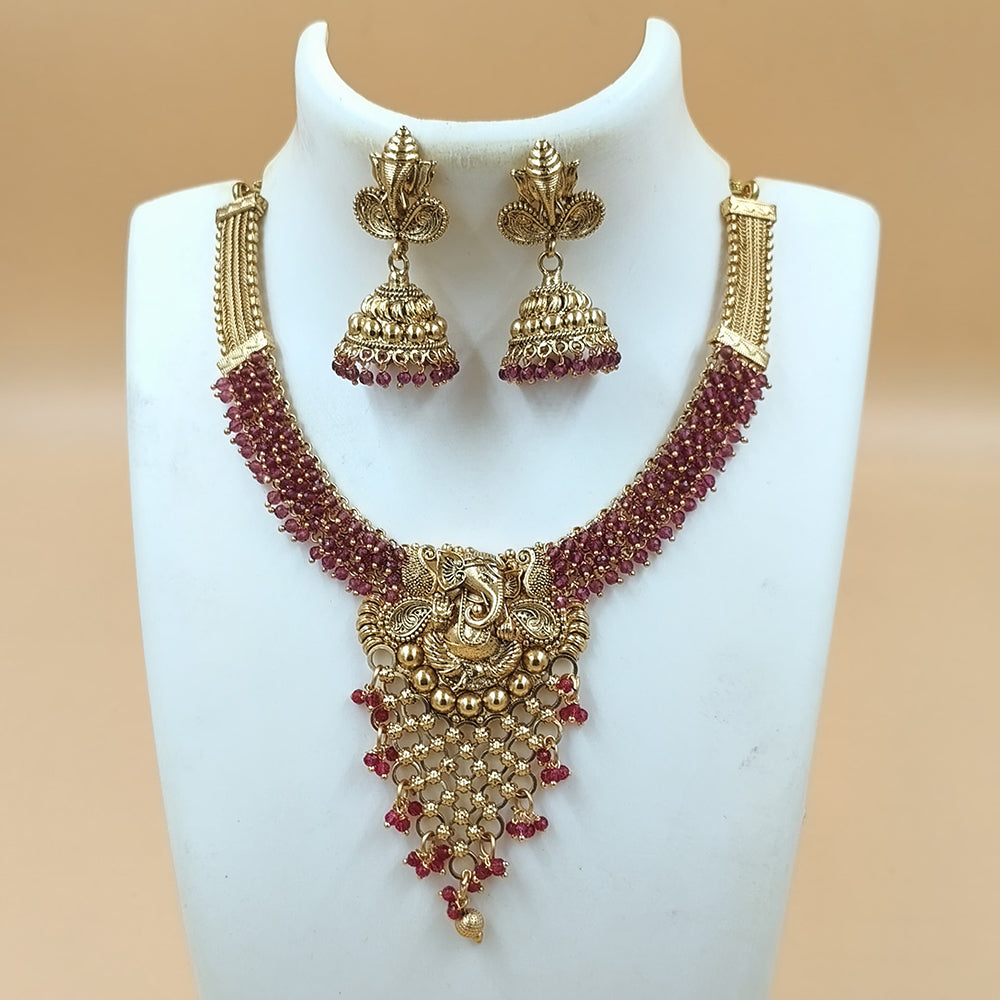 Joyful Jewel Art Matte Gold Plated Pota Stone Lord Ganesha Temple Necklace Set