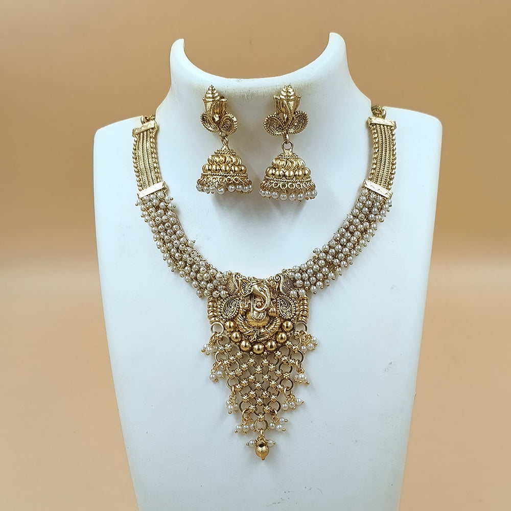 Joyful Jewel Art Matte Gold Plated Pota Stone Lord Ganesha Temple Necklace Set